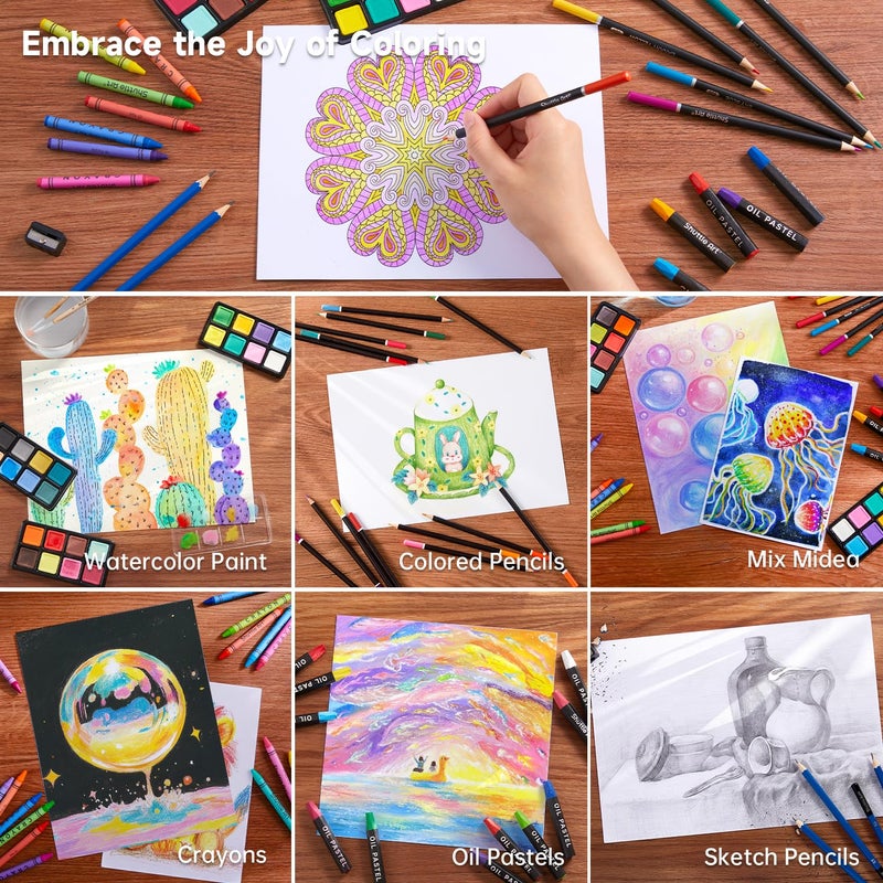 Shuttle Art 106 Piece Deluxe Art Set, Art Supplies in Wooden Case, Painting Drawing Art Kit with Crayons Colored Pencils Oil Pastels Watercolor Cakes Coloring Book Sketch Pad for Kids Adults - Image 4